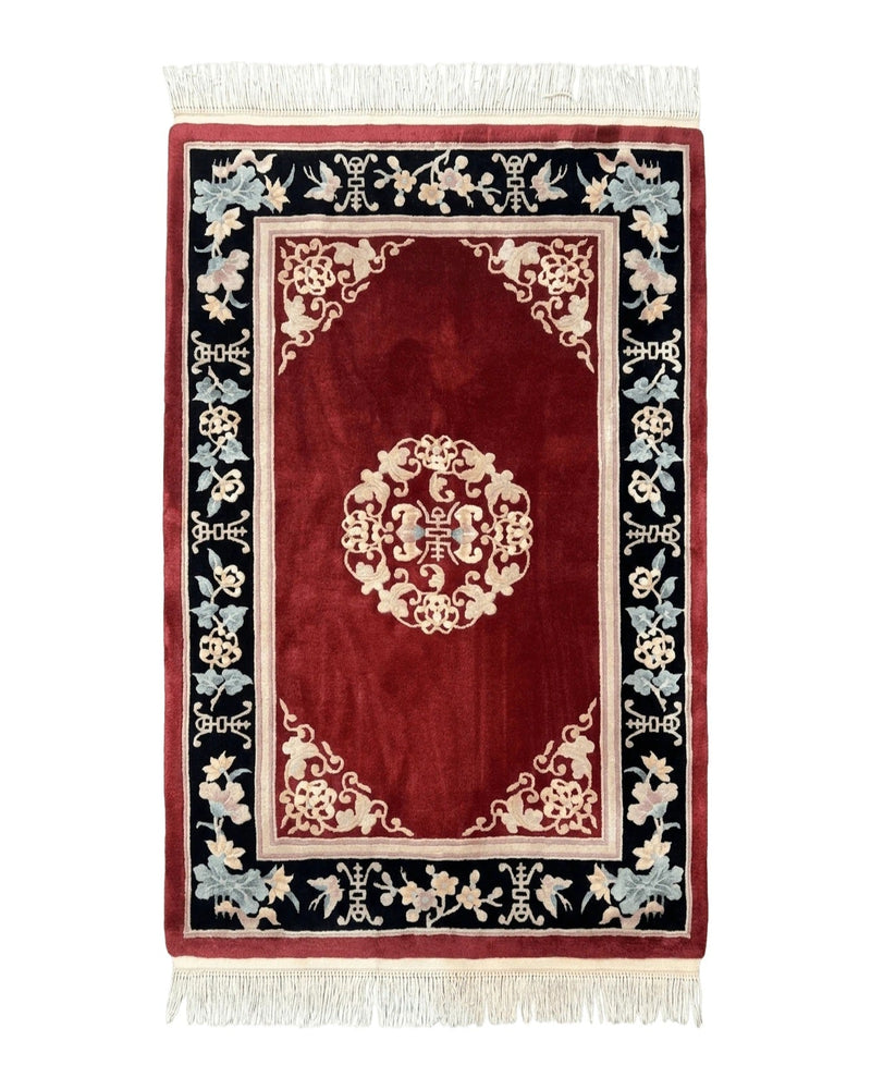 Chinese Wool Rug 4x6, Maroon and Black, Butterflies, Chinese Oriental Carpet, 90 Line Rug by Jewel Rugs