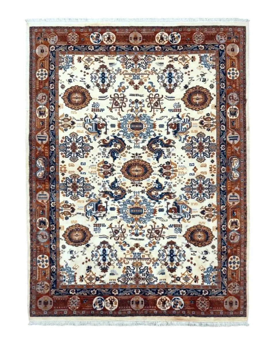 Indo Chinese Wool Rug 9x12, Ivory and Rust Red, Dragon Motifs by Jewel Rugs