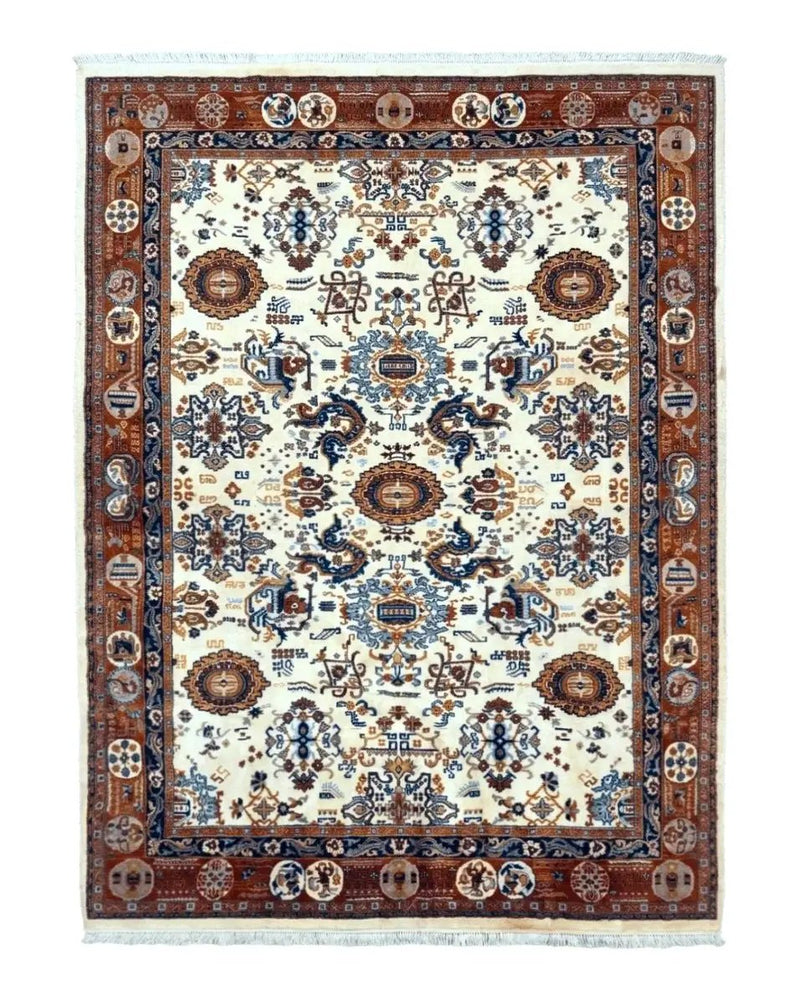 Indo Chinese Wool Rug 9x12, Ivory and Rust Red, Dragon Motifs by Jewel Rugs