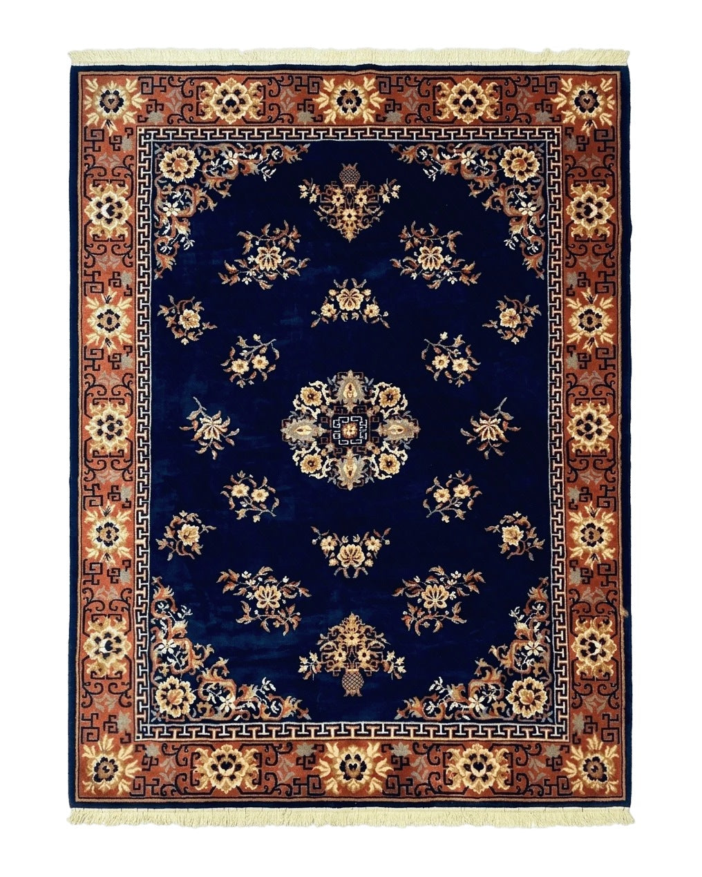 Chinese Wool Rug 8x11, Navy Blue and Terracotta, Floral, Couristan Belgium Power Loomed Carpet by Jewel Rugs