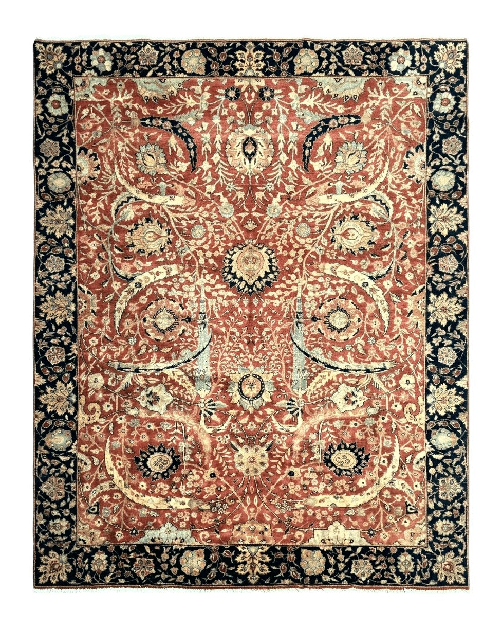 Indian Agra Rug 9x11, Terracotta and Navy Blue, Sickle Leaf Rug by Jewel Rugs