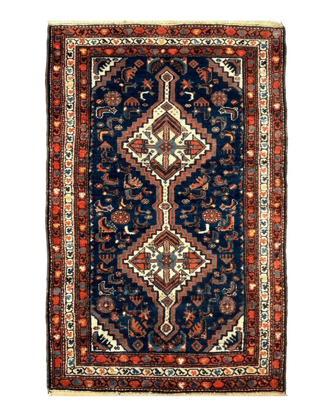 Antique Persian Hamadan Rug 4x6, Geometric, Double Medallions, Navy Blue, Tribal Carpet by Jewel Rugs