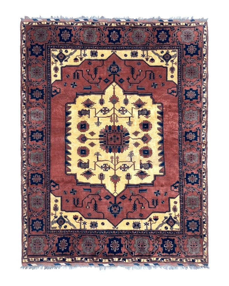 Afghan Heriz Rug 9x12, Tribal Geometric Serapi Carpet, Rust Cream and Navy, Wool on Wool by Jewel Rugs