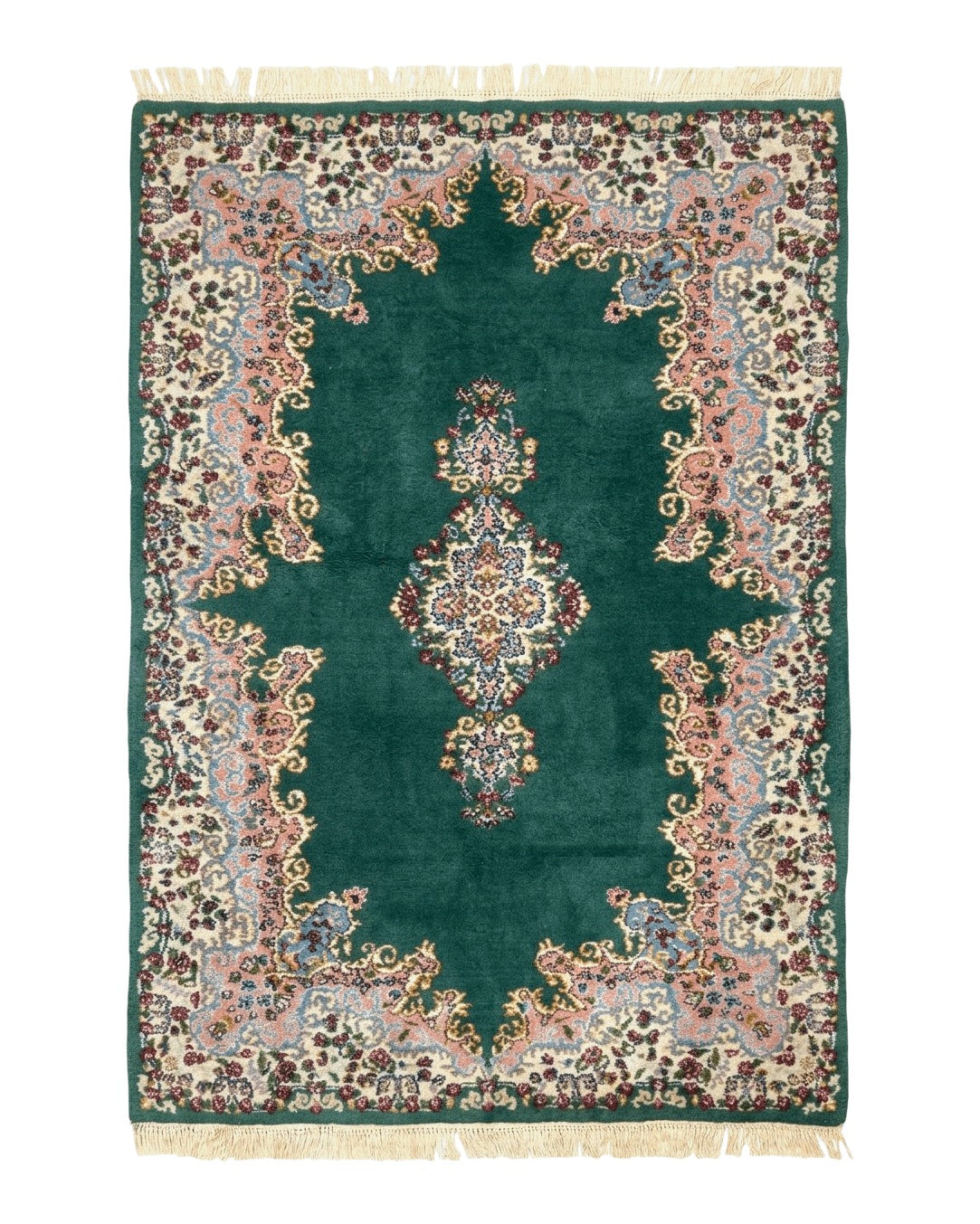 Persian Kerman Rug 4x6, Green Ivory Pink, Wool Vintage, Semi Open Field by Jewel Rugs