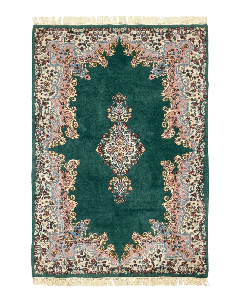 Persian Kerman Rug 4x6, Green Ivory Pink, Wool Vintage, Semi Open Field by Jewel Rugs