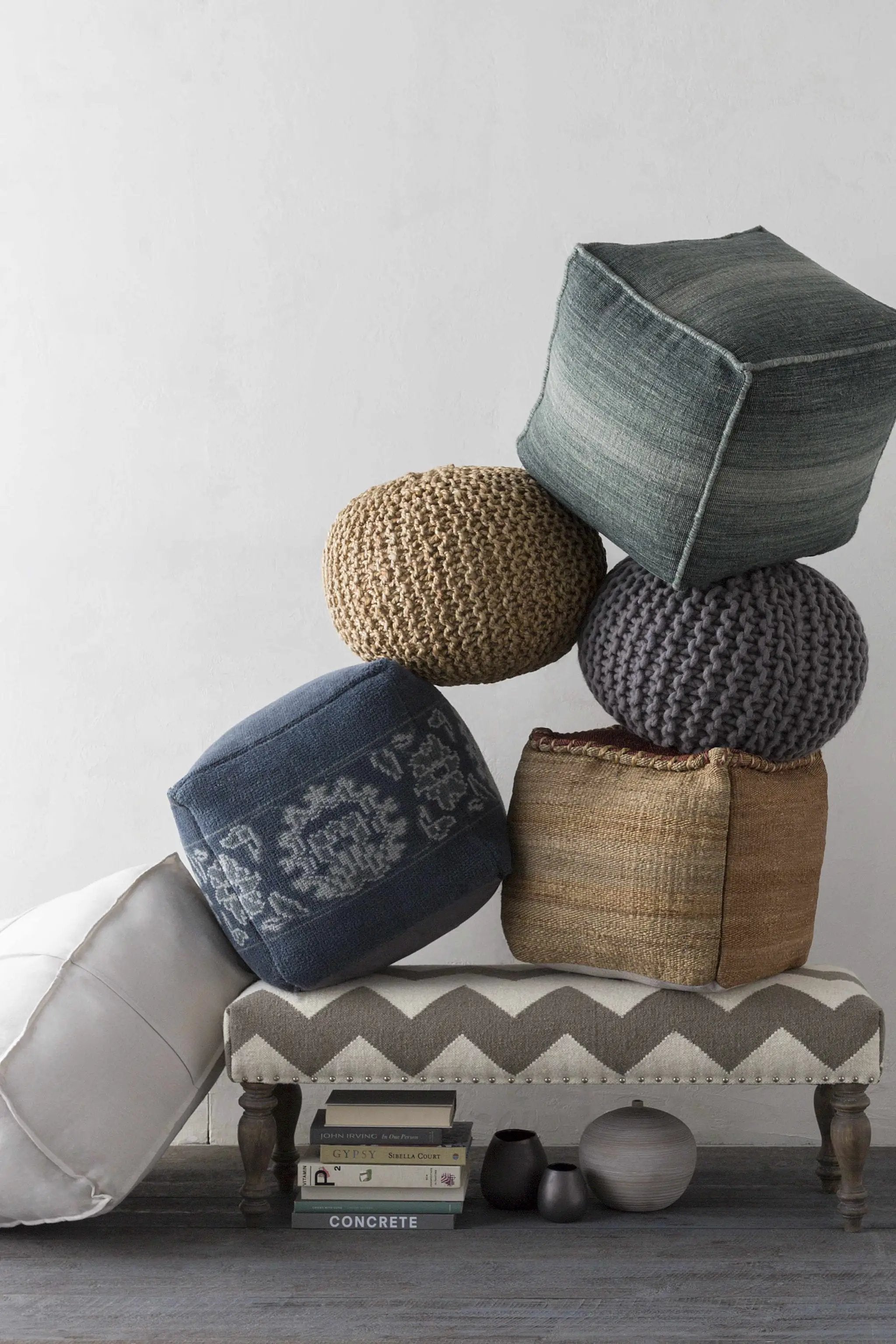 Friendsville Solid & Striped Ivory Pouf by Boutique Rugs