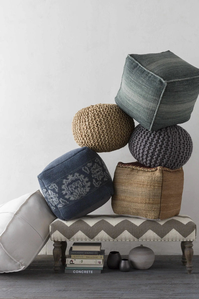 Friendsville Solid & Striped Ivory Pouf by Boutique Rugs