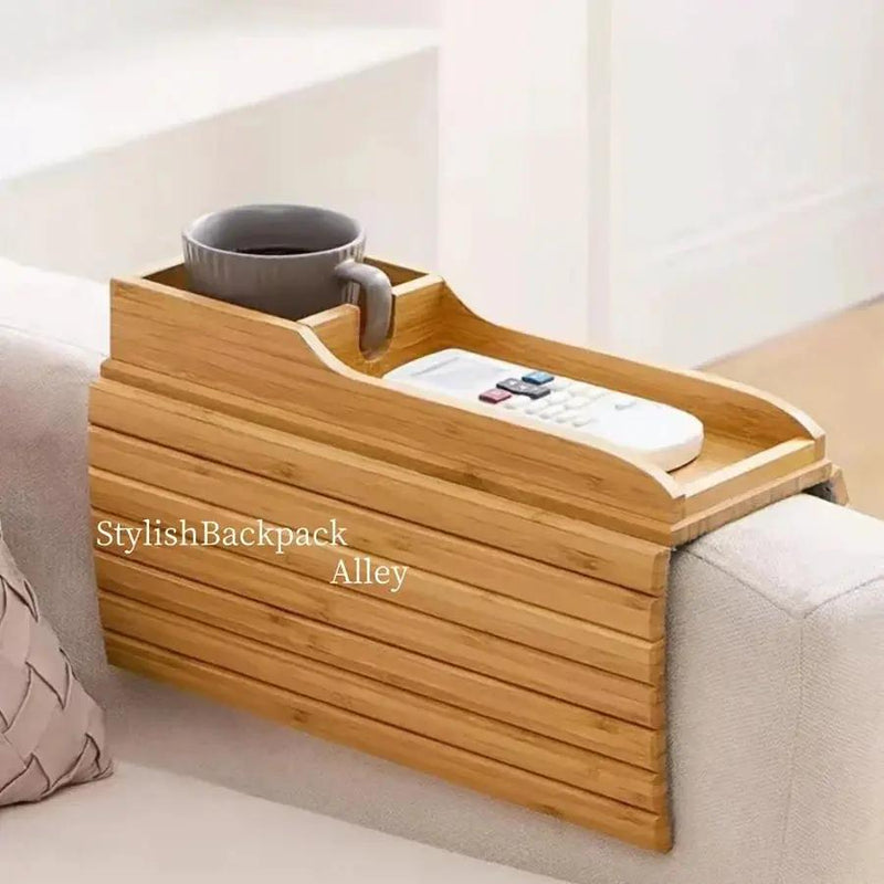 Stylish Bamboo Sofa Armrest Tray with Cup Holder - Anti-Fall Design, Foldable Storage Table for Snacks, Phones, Beverages & Cups, Contemporary Home Accessory, Beverage Tray | Modern Bamboo Tray | Foldable Tray by House Of Avana