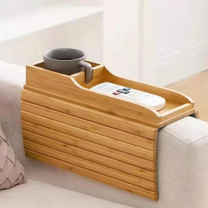 Stylish Bamboo Sofa Armrest Tray with Cup Holder - Anti-Fall Design, Foldable Storage Table for Snacks, Phones, Beverages & Cups, Contemporary Home Accessory, Beverage Tray | Modern Bamboo Tray | Foldable Tray by House Of Avana
