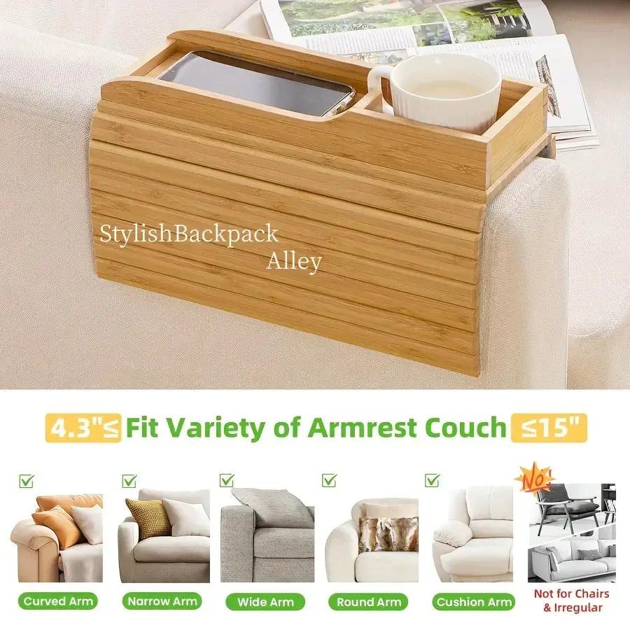 Stylish Bamboo Sofa Armrest Tray with Cup Holder - Anti-Fall Design, Foldable Storage Table for Snacks, Phones, Beverages & Cups, Contemporary Home Accessory, Beverage Tray | Modern Bamboo Tray | Foldable Tray by House Of Avana