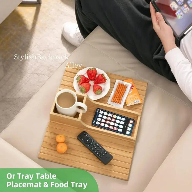 Stylish Bamboo Sofa Armrest Tray with Cup Holder - Anti-Fall Design, Foldable Storage Table for Snacks, Phones, Beverages & Cups, Contemporary Home Accessory, Beverage Tray | Modern Bamboo Tray | Foldable Tray by House Of Avana
