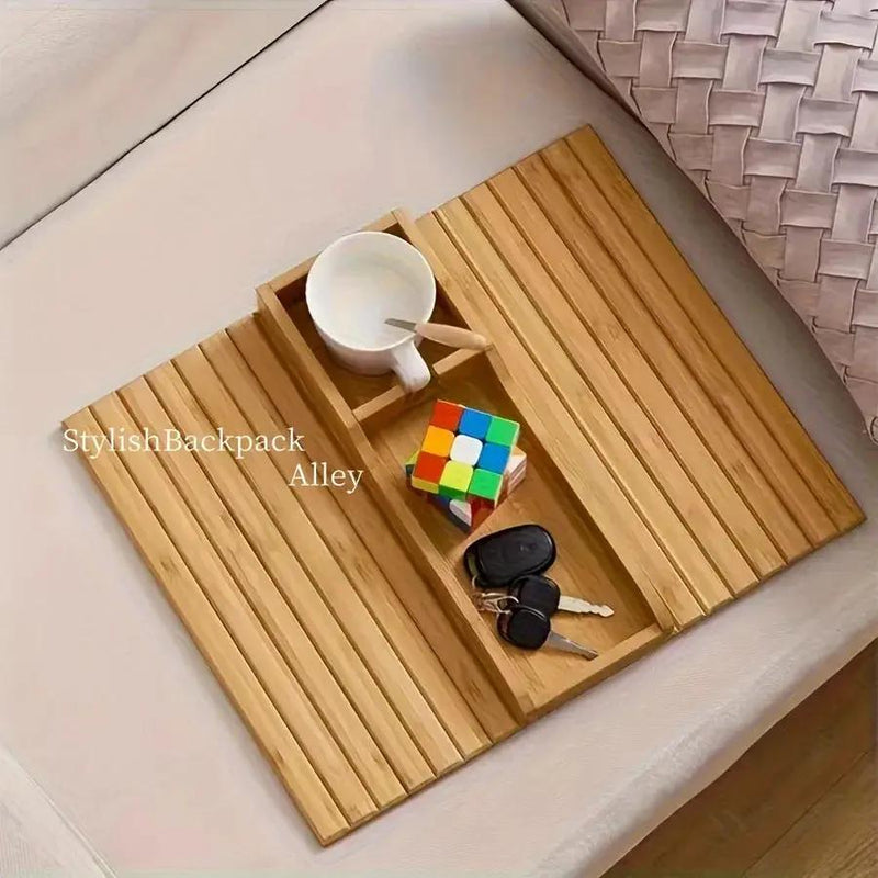 Stylish Bamboo Sofa Armrest Tray with Cup Holder - Anti-Fall Design, Foldable Storage Table for Snacks, Phones, Beverages & Cups, Contemporary Home Accessory, Beverage Tray | Modern Bamboo Tray | Foldable Tray by House Of Avana