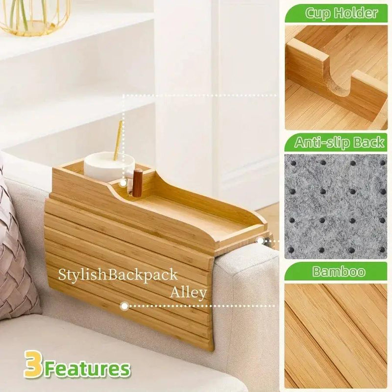 Stylish Bamboo Sofa Armrest Tray with Cup Holder - Anti-Fall Design, Foldable Storage Table for Snacks, Phones, Beverages & Cups, Contemporary Home Accessory, Beverage Tray | Modern Bamboo Tray | Foldable Tray by House Of Avana