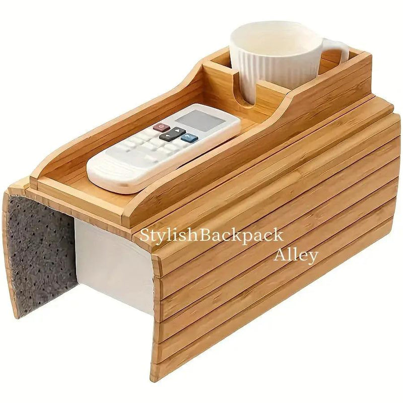 Stylish Bamboo Sofa Armrest Tray with Cup Holder - Anti-Fall Design, Foldable Storage Table for Snacks, Phones, Beverages & Cups, Contemporary Home Accessory, Beverage Tray | Modern Bamboo Tray | Foldable Tray by House Of Avana
