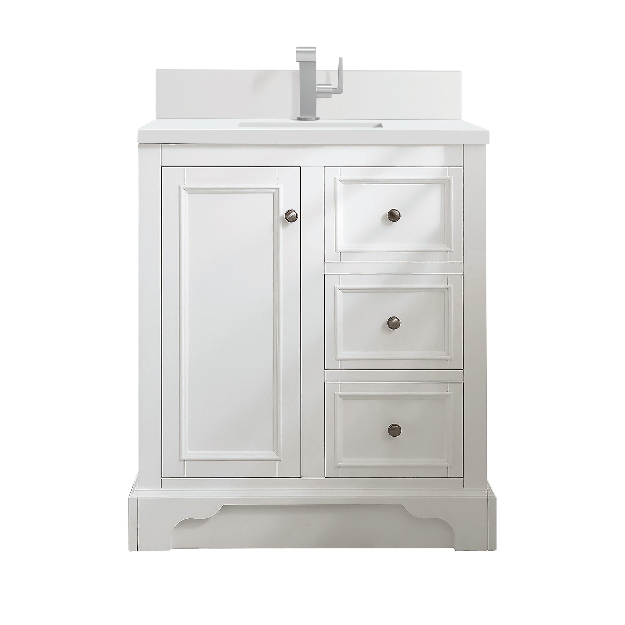 James Martin De Soto 30" Single Bathroom Vanity, Bright White with White Zeus (Single Hole, with Backsplash) countertop