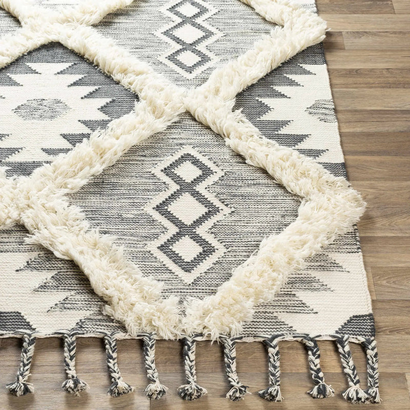Sultan Charcoal/Beige Tribal Tassel Wool Rug - Clearance by Boutique Rugs
