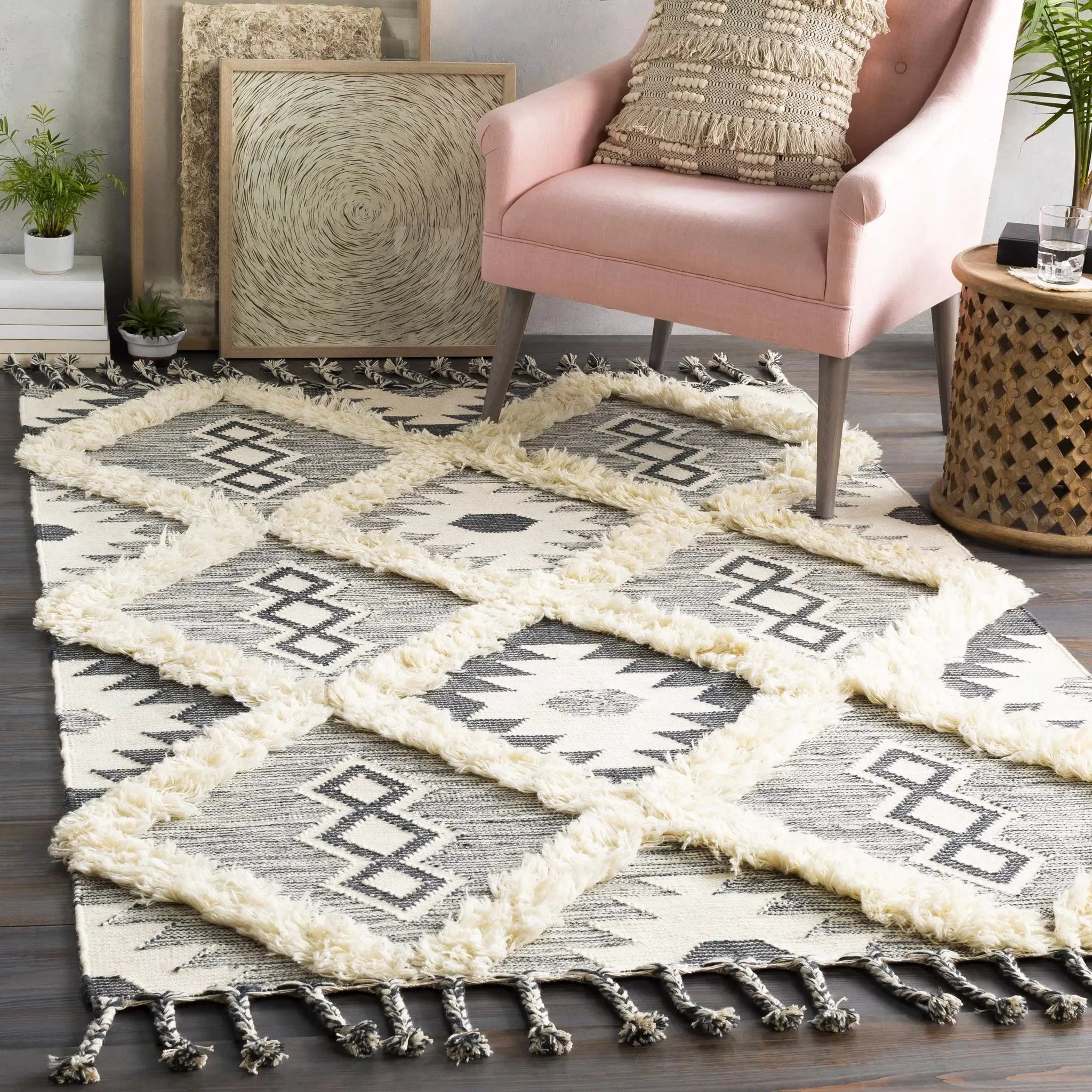 Sultan Charcoal/Beige Tribal Tassel Wool Rug - Clearance by Boutique Rugs
