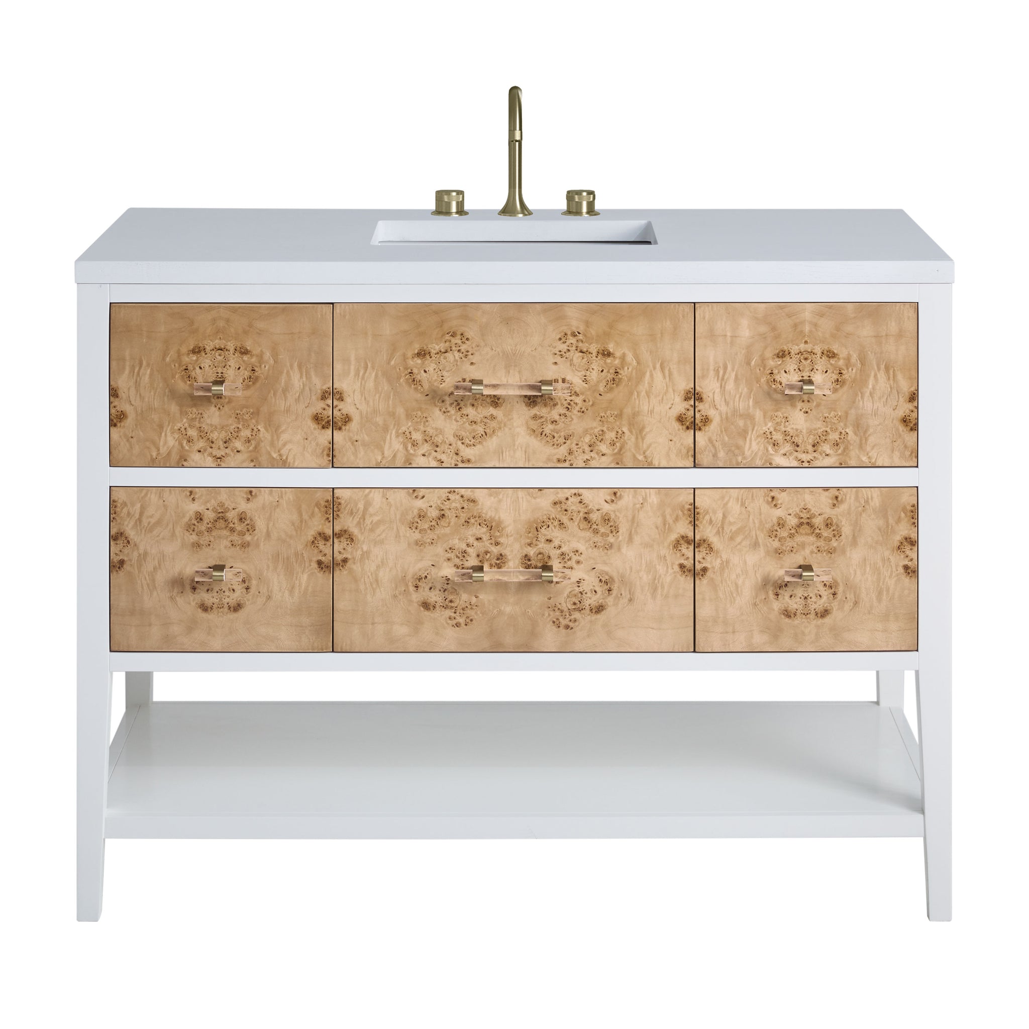 James Martin Olena 48" Single Bathroom Vanity, Polished White and Light Mappa Burl with White Zeus countertop
