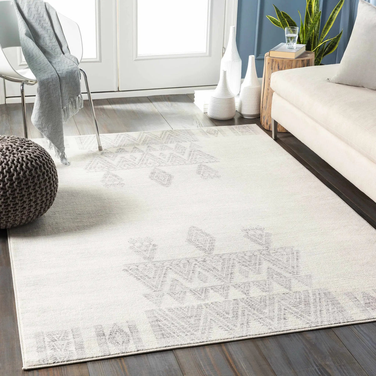 Wakita Light Gray Tribal Rug, installed in a room