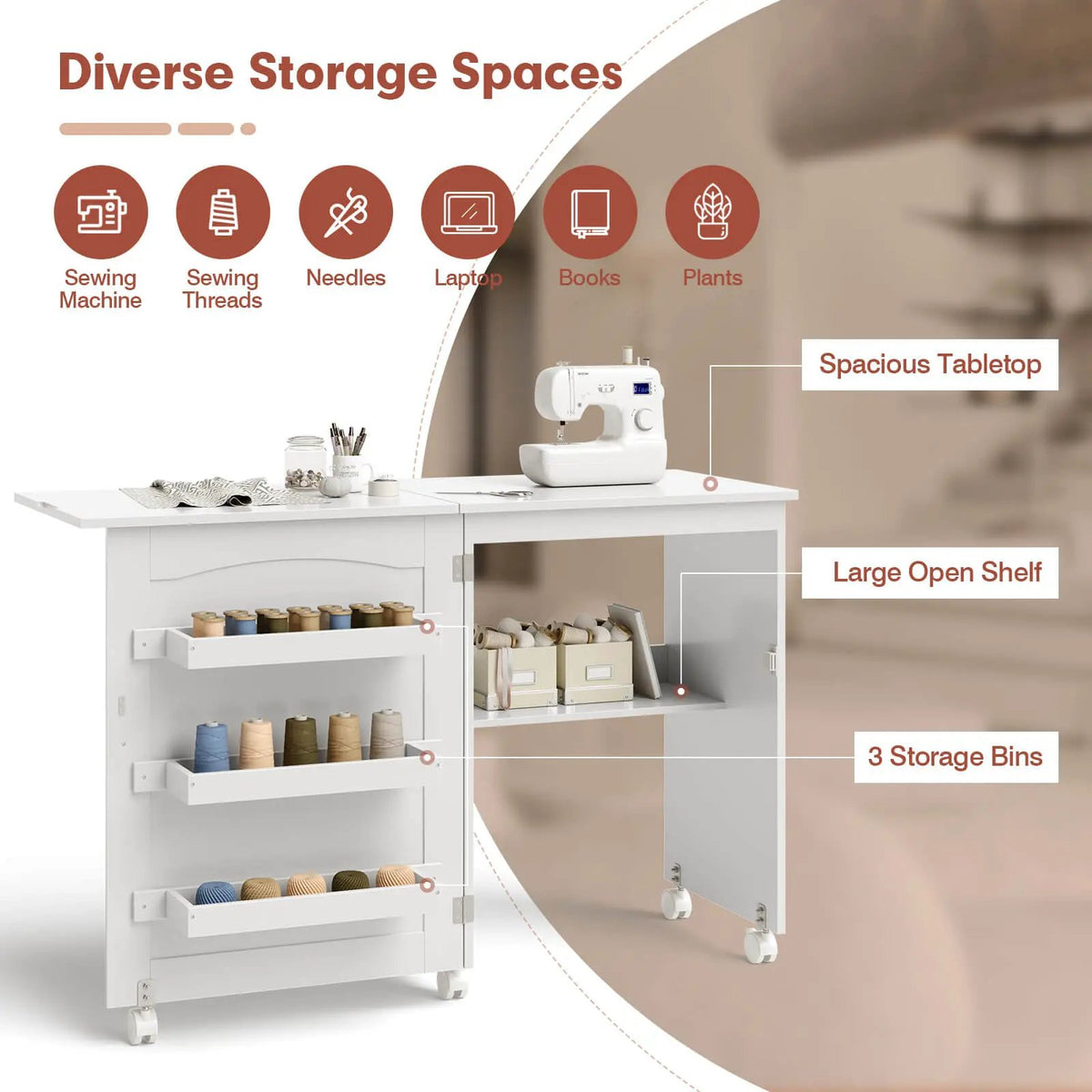 Folding Sewing Craft Table Shelf Storage Cabinet Home Furniture, photo 15 of 24