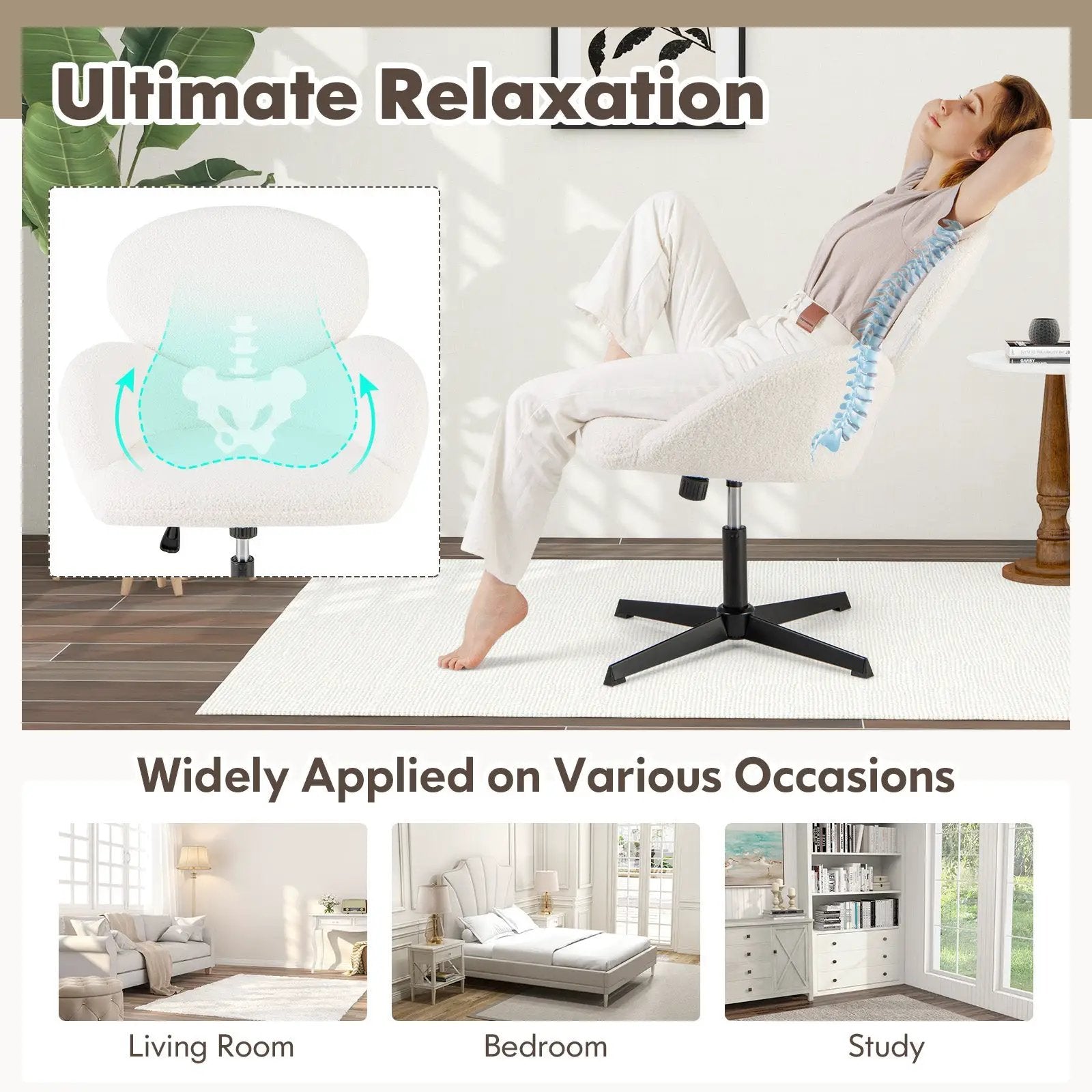 Swivel Cross Legged Chair with Adjustable Height and Rocking Function-White by DirectDeals