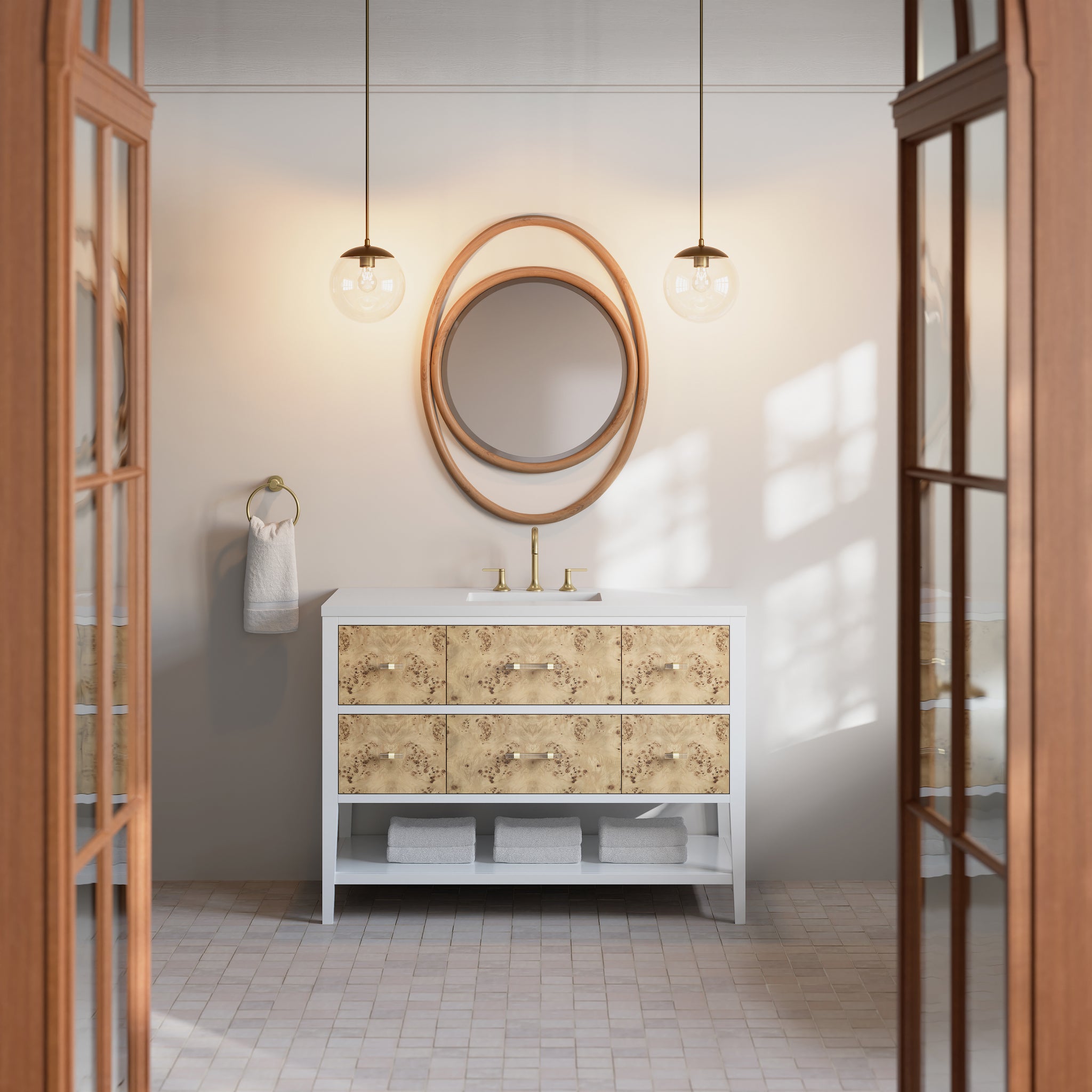 James Martin Olena 48" Single Bathroom Vanity, Polished White and Light Mappa Burl, view 16