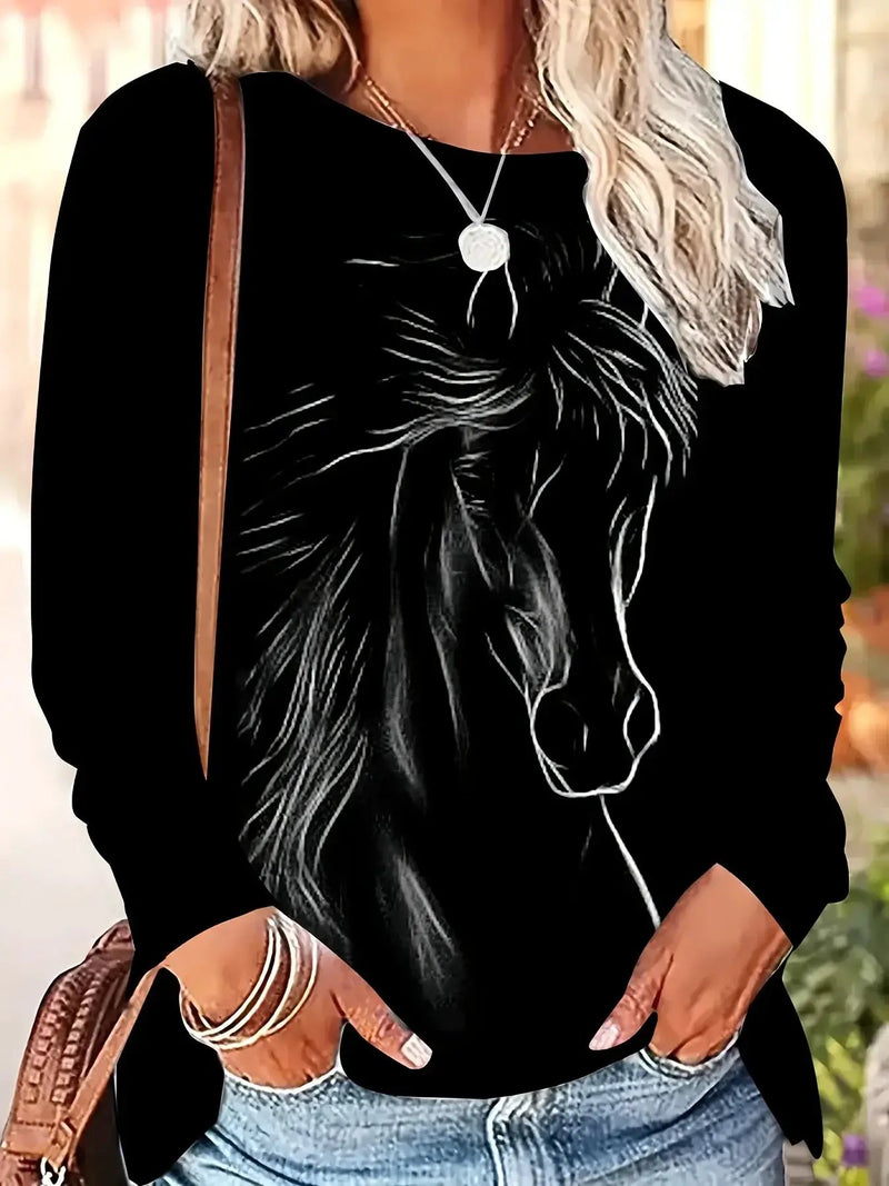 T-Shirt - Horse Print Cotton Long-Sleeve by House Of Avana