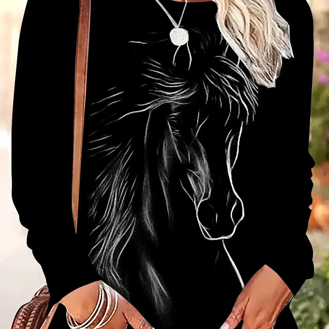 T-Shirt - Horse Print Cotton Long-Sleeve by House Of Avana
