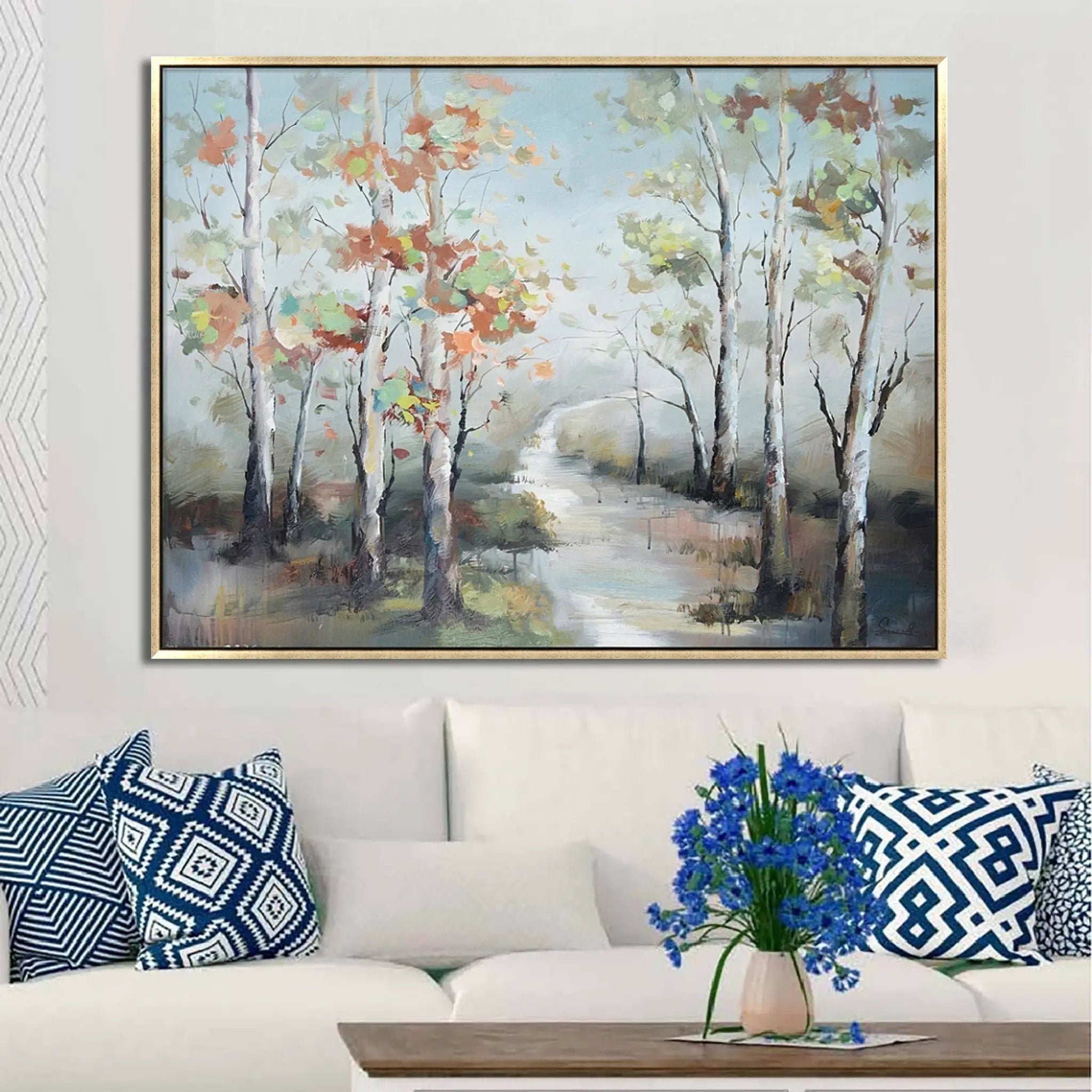 Hand Painted Acrylic Wall Art Fall Colorful Trees on a 47 x 35 Rectangular Canvas with a Gold Wooden Frame by Sharicks
