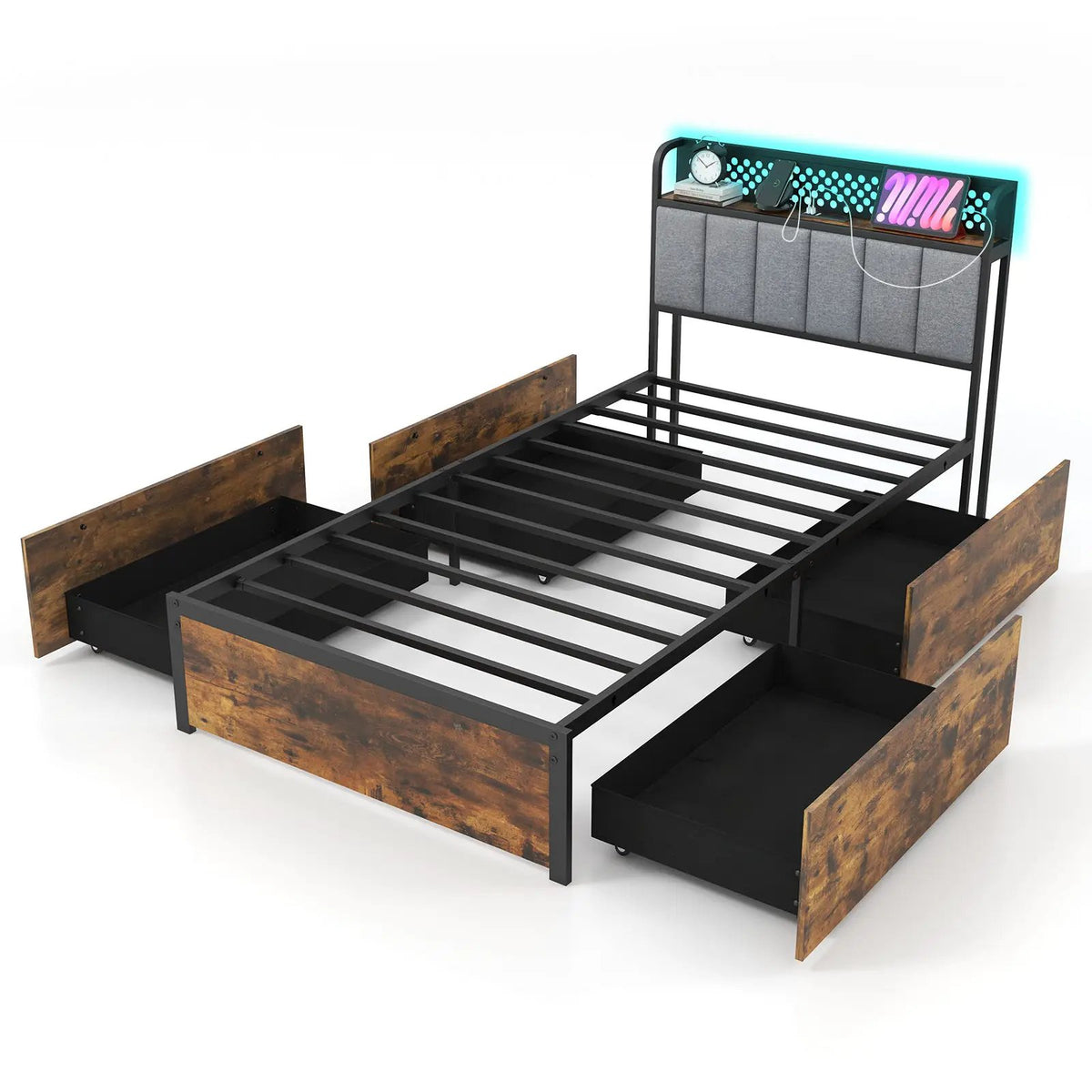 Twin/Full/Queen Bed Frame with LED Lights Upholstered Headboard and 4 Storage Drawers, photo 10 of 10