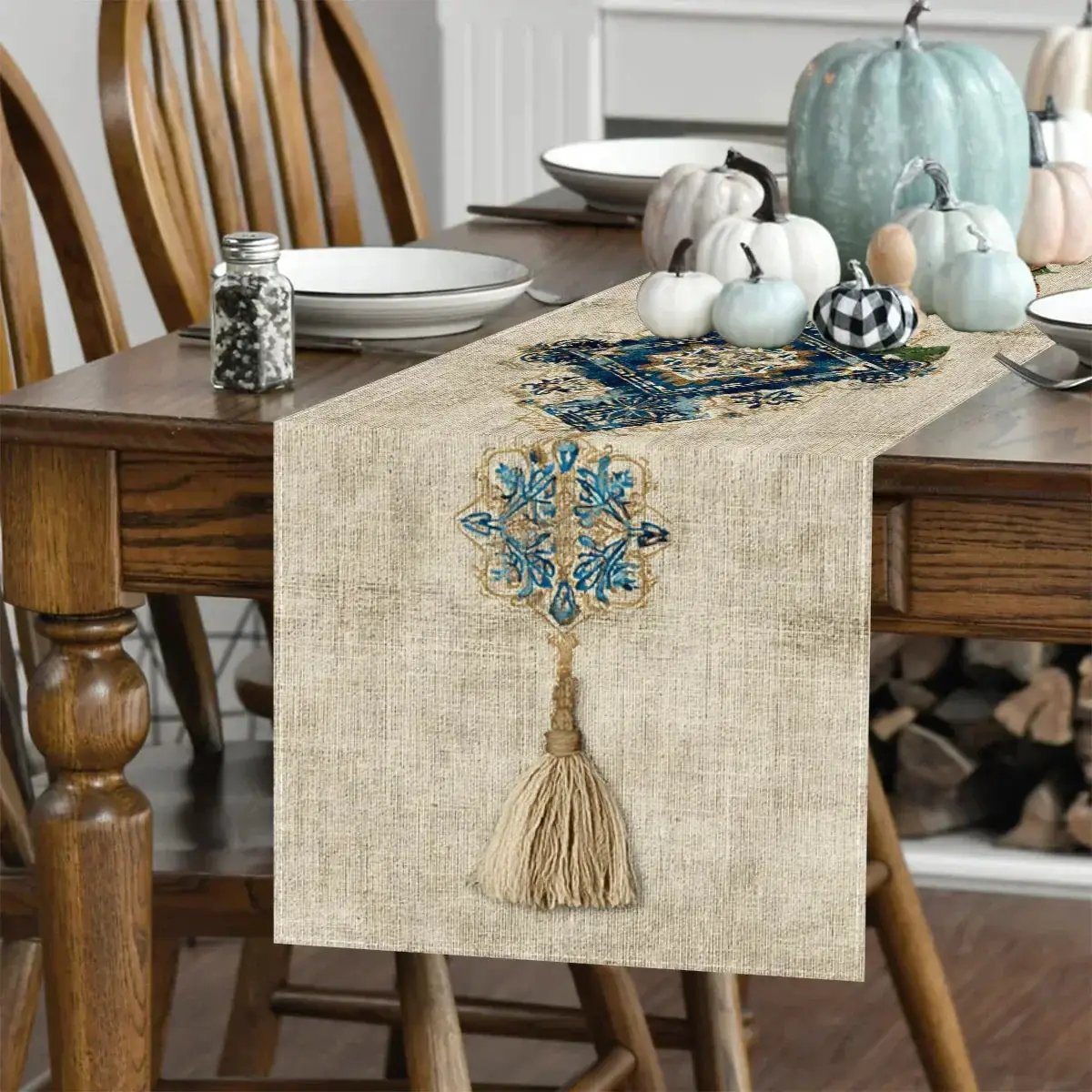 Table Runner - Tassel Printed Blue White by House Of Avana