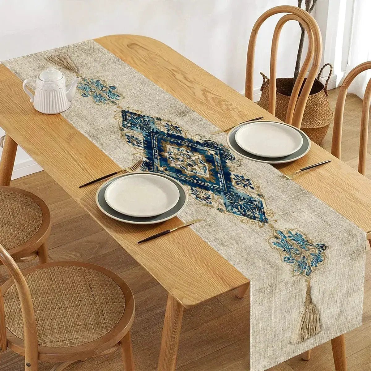 Table Runner - Tassel Printed Blue White by House Of Avana