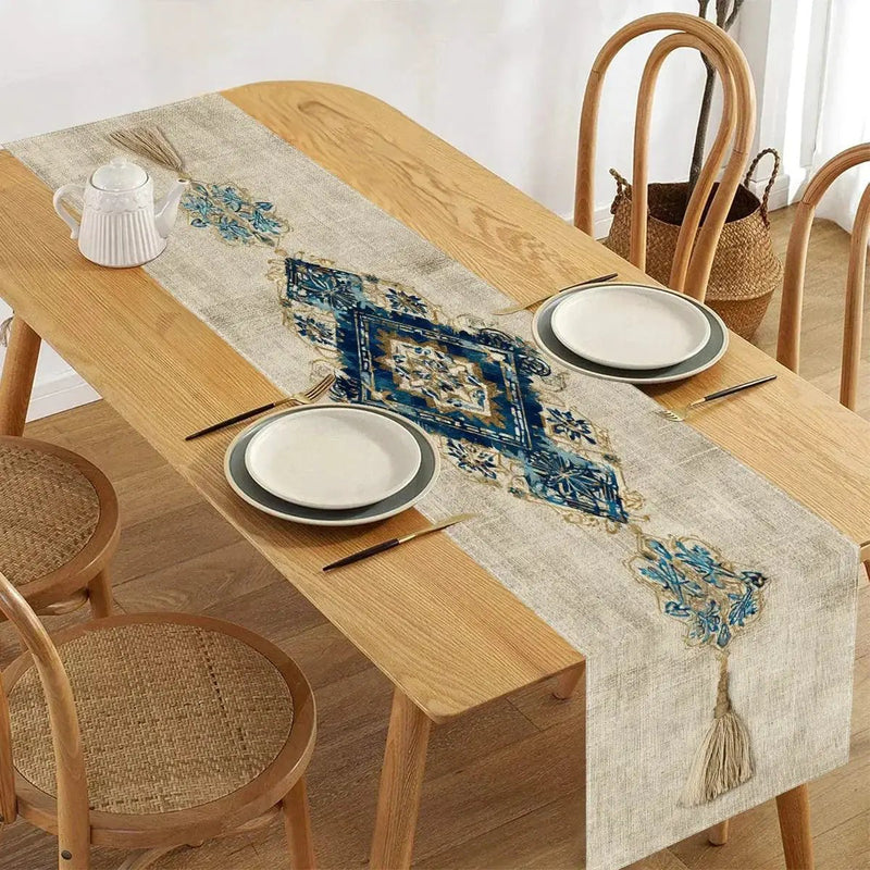Table Runner - Tassel Printed Blue White by House Of Avana