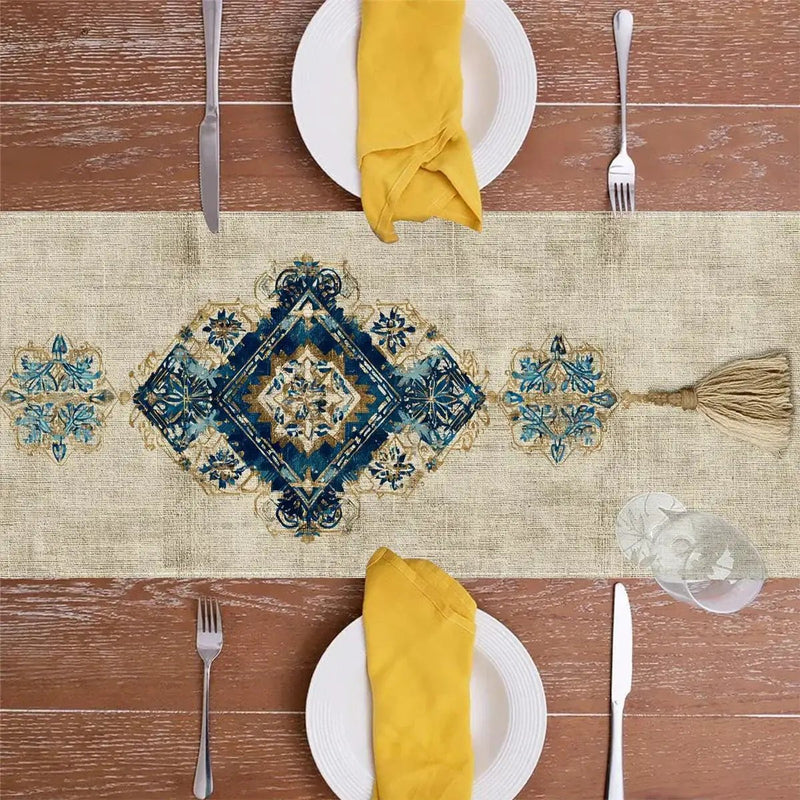 Table Runner - Tassel Printed Blue White by House Of Avana