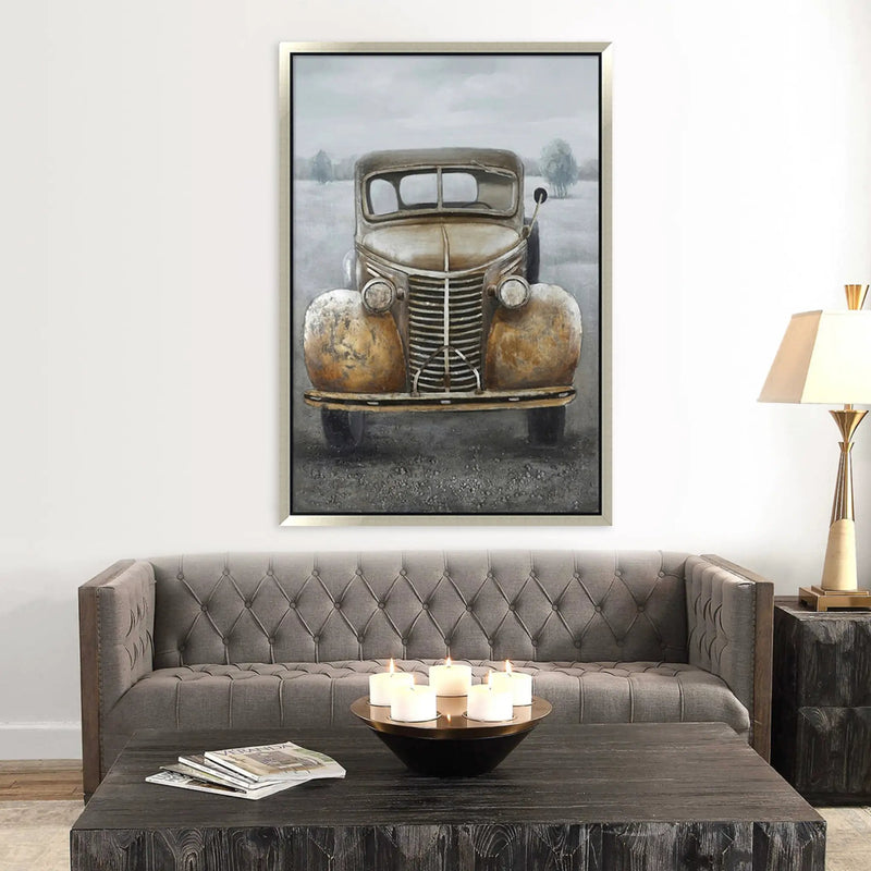 Hand Painted Acrylic and Aluminum 3D Wall Art Vintage Truck 39 x 59 Rectangular Canvas with a Grey Wooden Frame by Sharicks