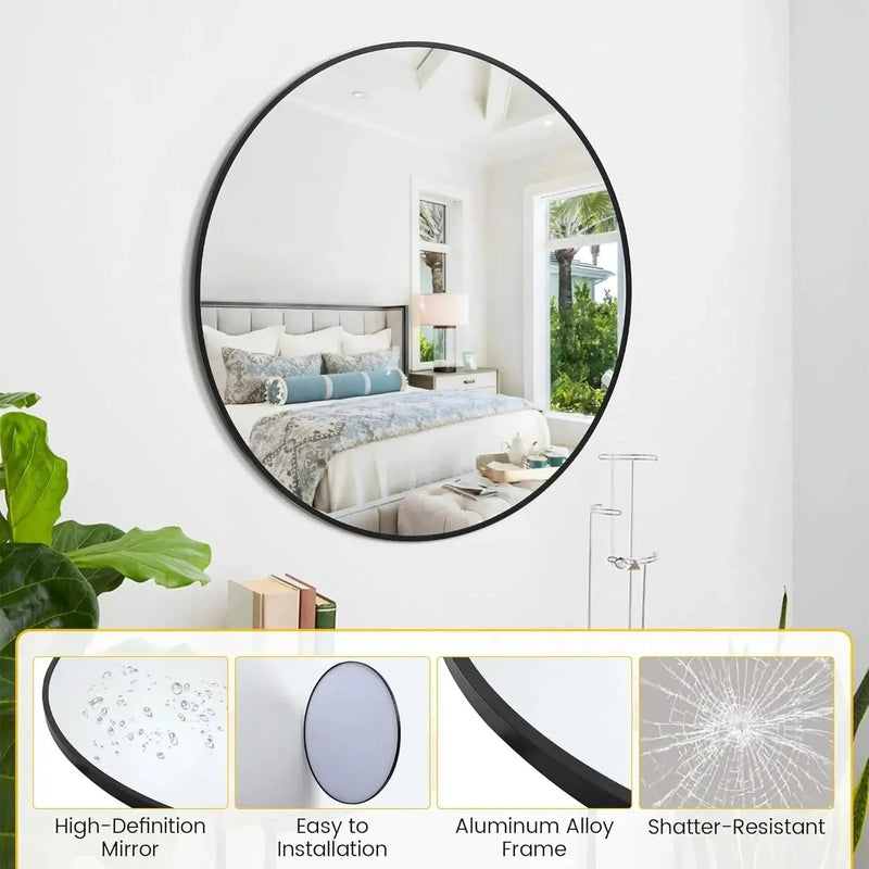 Takywep 24 Inch Round Mirror with 20mm Black Aluminum Frame - Shatter-Resistant Fogless Glass, -Fog Technology-Free (No Installation Required), Wall-Mounted Large Circle Mirror for Bathroom, Bedroom, Living Room, Entryway - M by House Of Avana