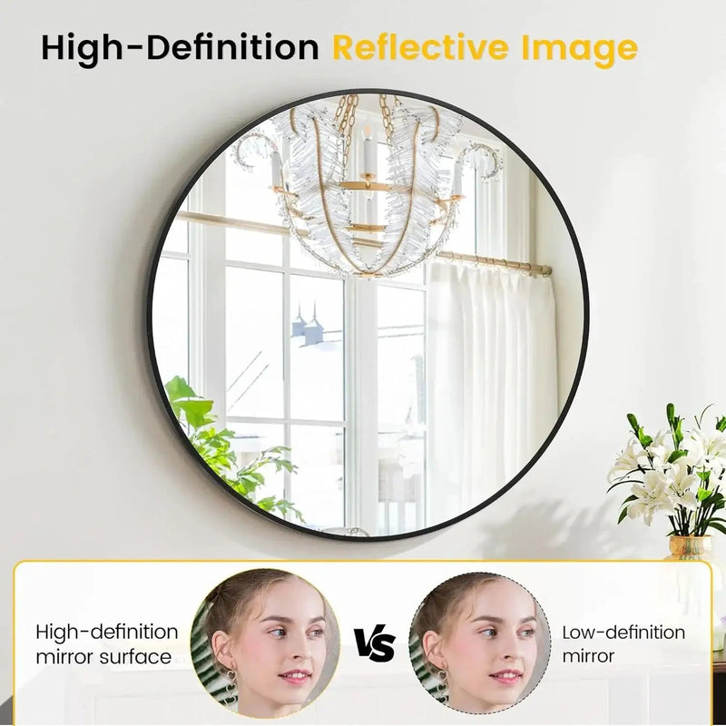 Takywep 24 Inch Round Mirror with 20mm Black Aluminum Frame - Shatter-Resistant Fogless Glass, -Fog Technology-Free (No Installation Required), Wall-Mounted Large Circle Mirror for Bathroom, Bedroom, Living Room, Entryway - M by House Of Avana