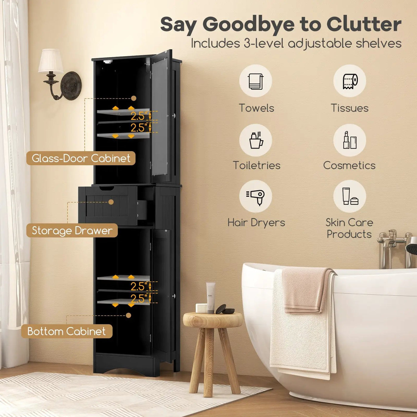 Tall Floor Storage Cabinet with 2 Doors and 1 Drawer for Bathroom by DirectDeals