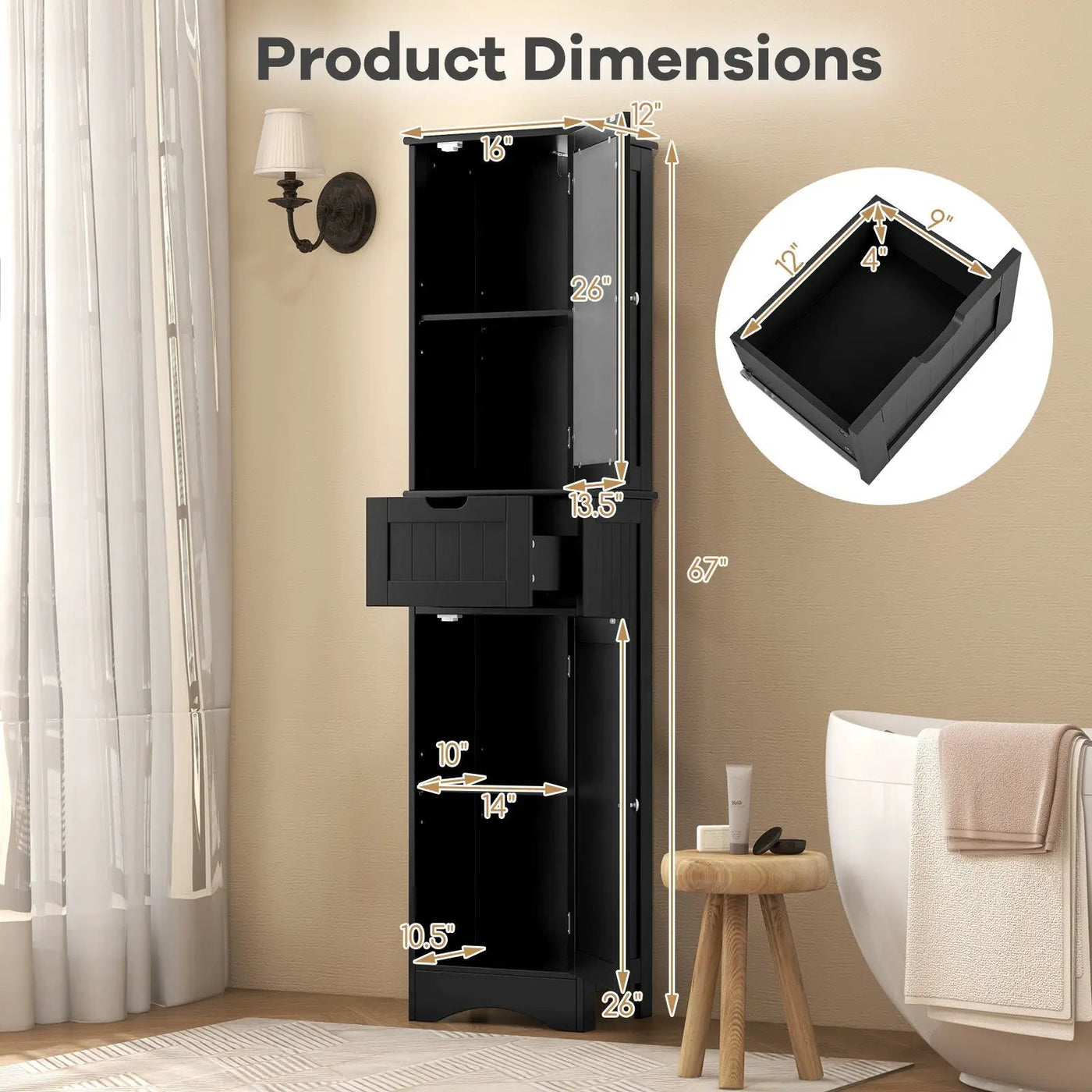 Tall Floor Storage Cabinet with 2 Doors and 1 Drawer for Bathroom by DirectDeals
