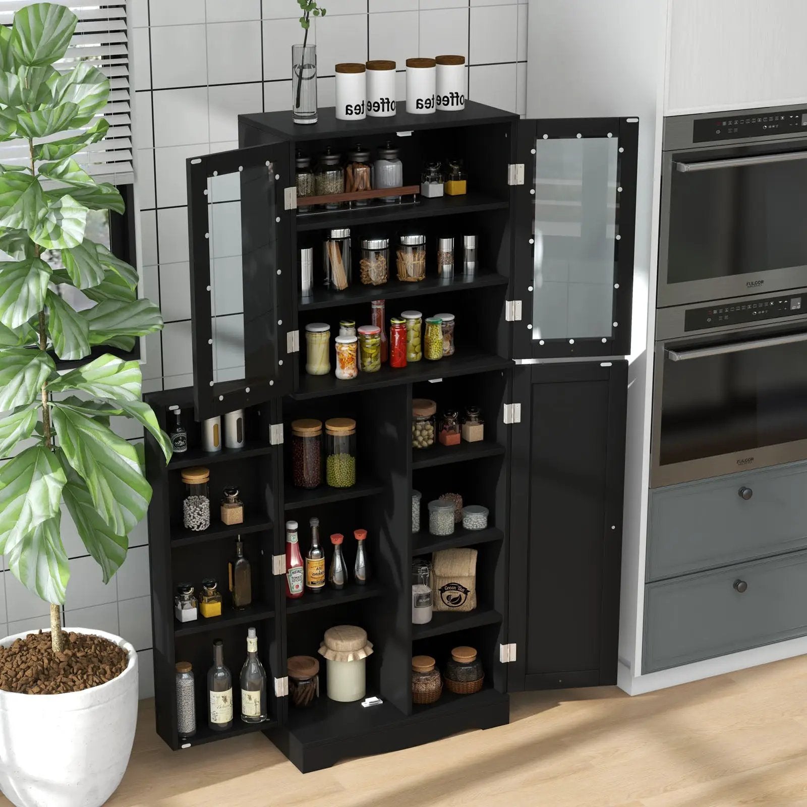 Tall Kitchen Pantry Cabinet with Dual Tempered Glass Doors and Shelves by DirectDeals
