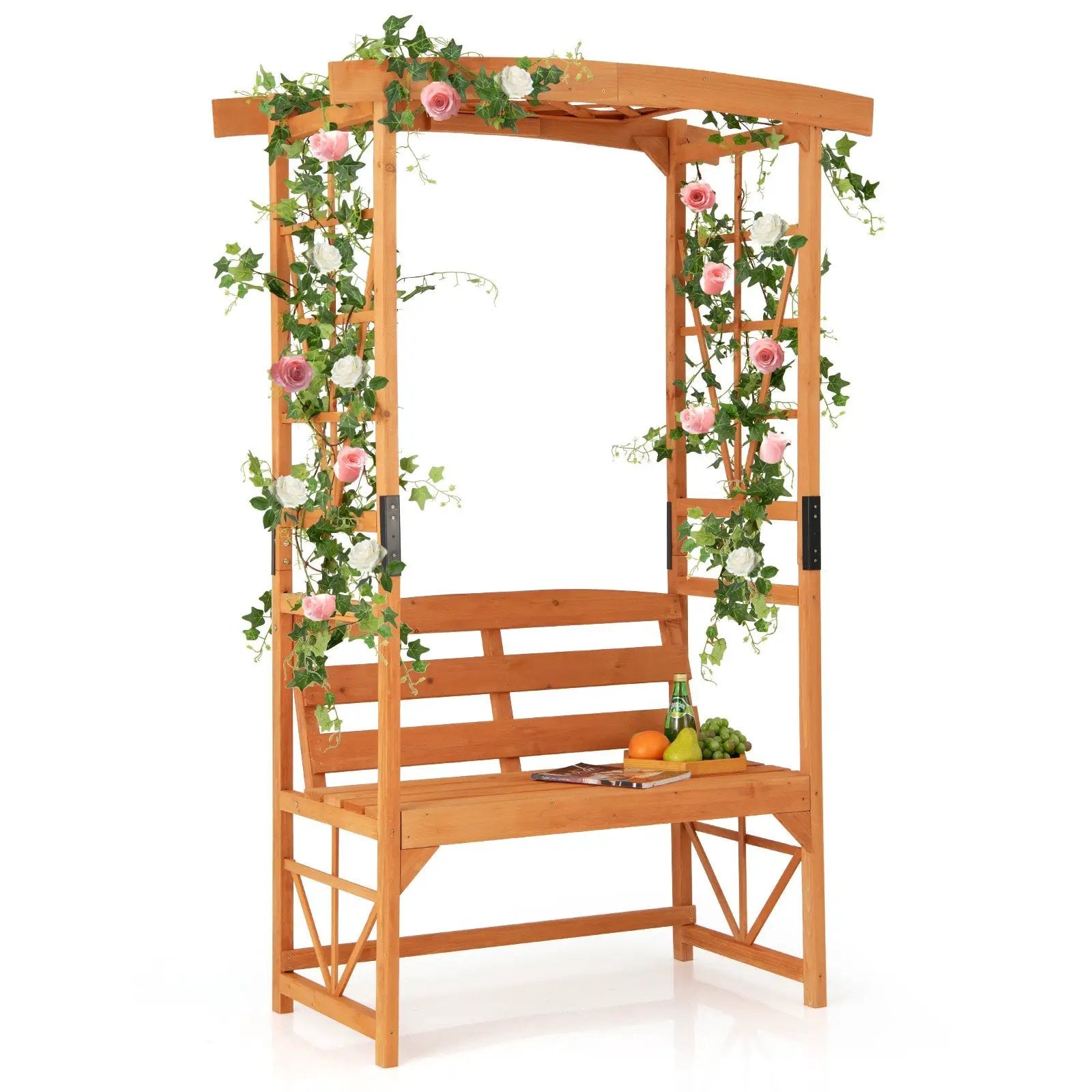 6.2 Feet Tall Patio Garden Arbor with Pergola and 2-Seat Bench for Garden Lawn Backyard Decoration-Yellow by DirectDeals