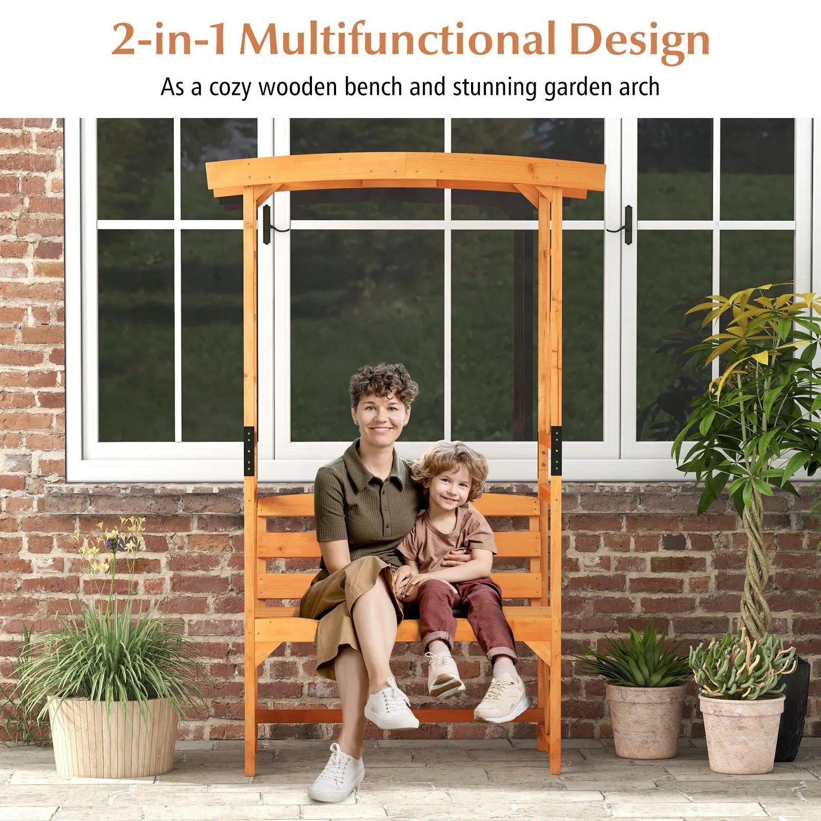 6.2 Feet Tall Patio Garden Arbor with Pergola and 2-Seat Bench for Garden Lawn Backyard Decoration-Yellow by DirectDeals