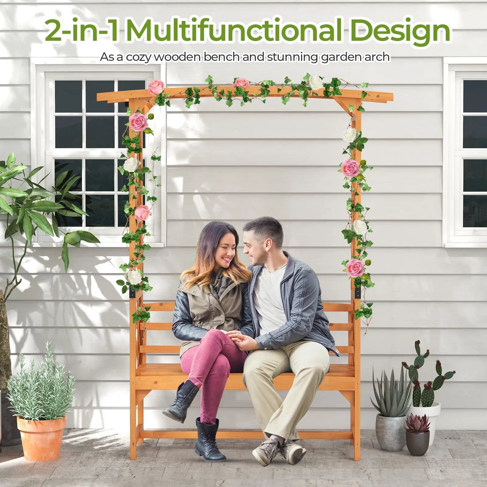 6.5 FT Tall Patio Garden Arbor with Pergola and 2-Seat Bench for Garden Backyard Decoration-Yellow by DirectDeals