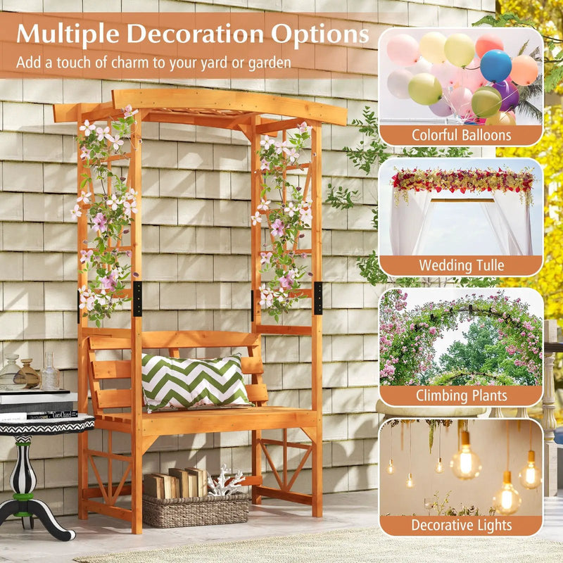 6.2 Feet Tall Patio Garden Arbor with Pergola and 2-Seat Bench for Garden Lawn Backyard Decoration-Yellow by DirectDeals