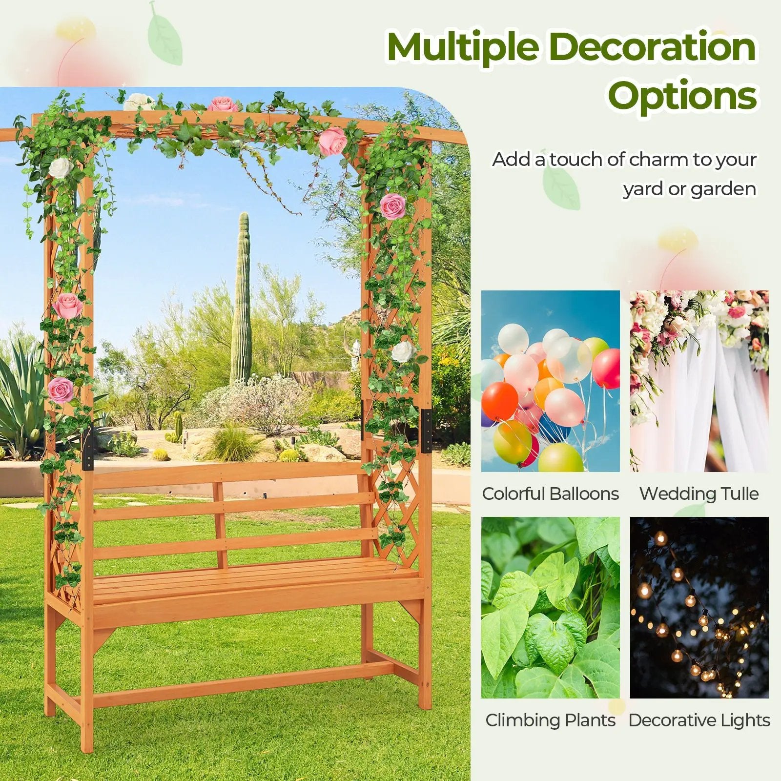 6.5 FT Tall Patio Garden Arbor with Pergola and 2-Seat Bench for Garden Backyard Decoration-Yellow by DirectDeals