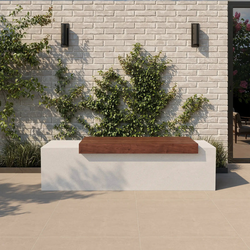 Tapered Bench with Wooden Planks - White GFRC Concrete Bench by ModaConcrete - Direct source for architectural and precast concrete