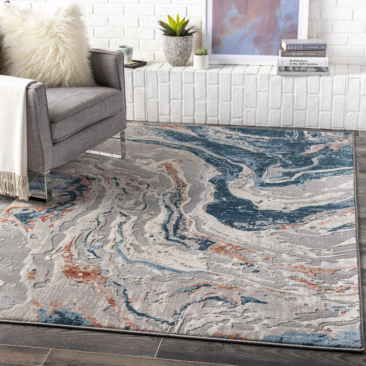 Tayport Blue Marble Rug - Clearance, installed in a room