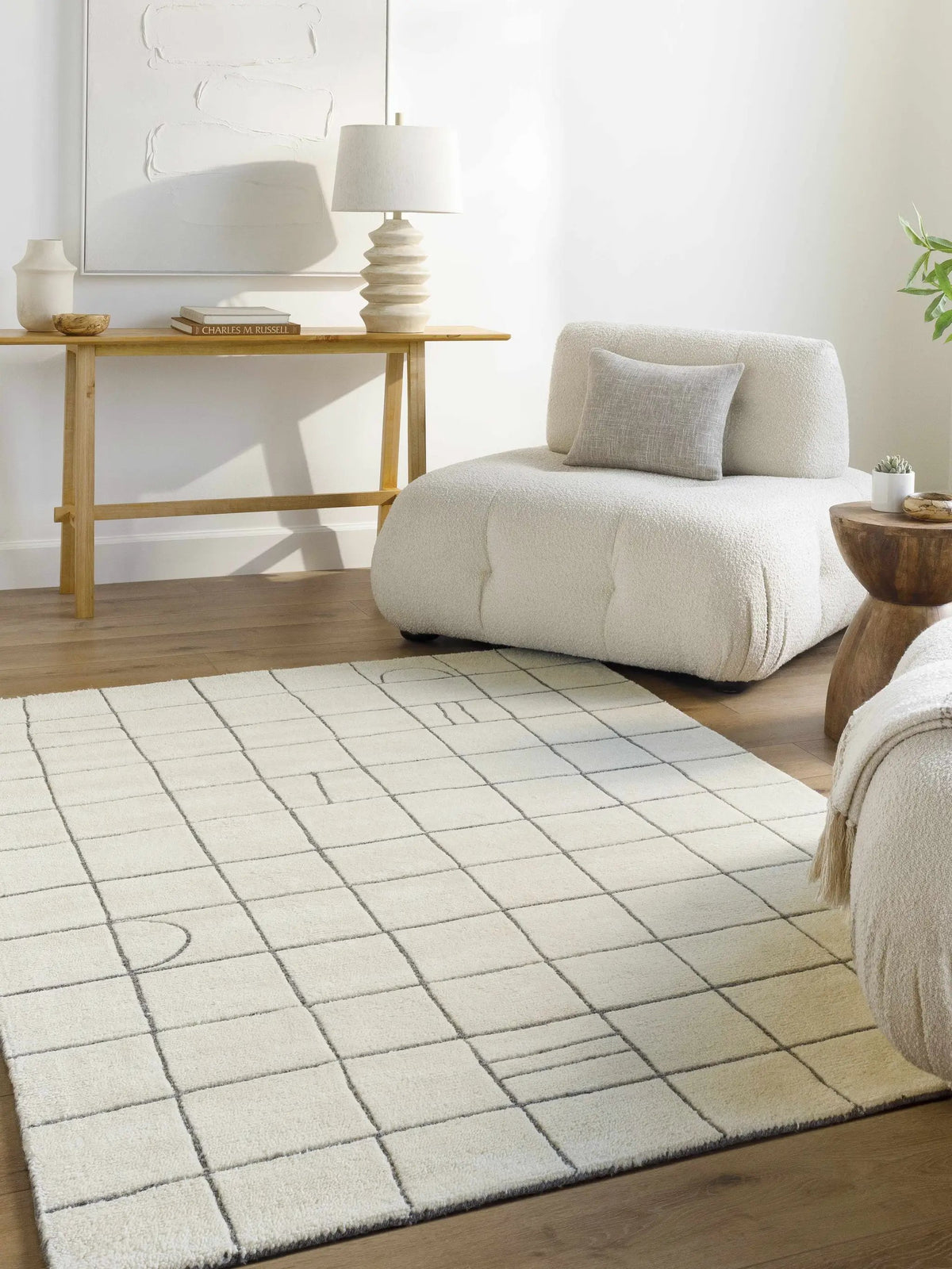 Tanya Pearl White Grid Wool Rug - Clearance, installed in a room 2