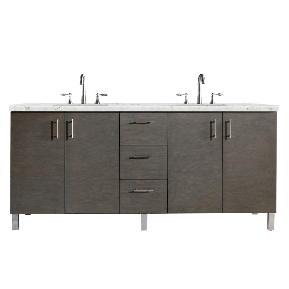 James Martin Metropolitan 72" Dual Mount Double Bathroom Vanity, Silver Oak with Eternal Jasmine Pearl countertop