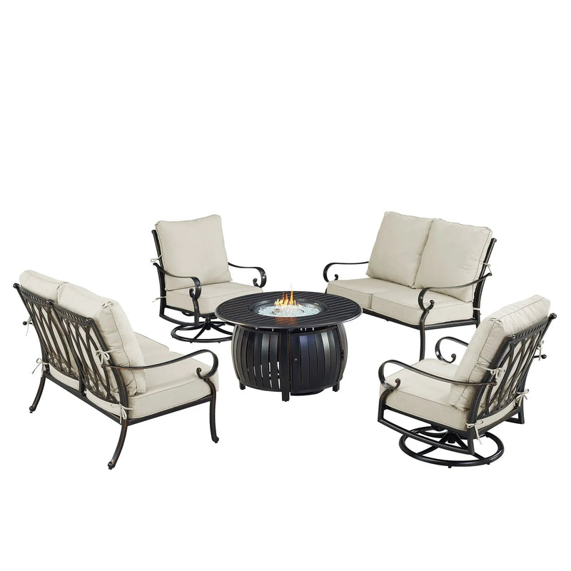 Black Aluminum Fire Table Set with Two Loveseats and Two Club Chairs by Sharicks